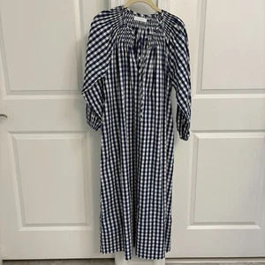 NEW Lake Hammock Gingham Midi Dress MEDIUM Blue + White Cotton Poplin Smocked - Picture 1 of 7