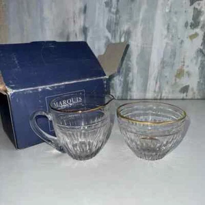 MARQUES BY WATERFORD HAND CUT SLOVENIA GOLD RIM CREAMER AND SUGAR BOWL - Picture 1 of 8