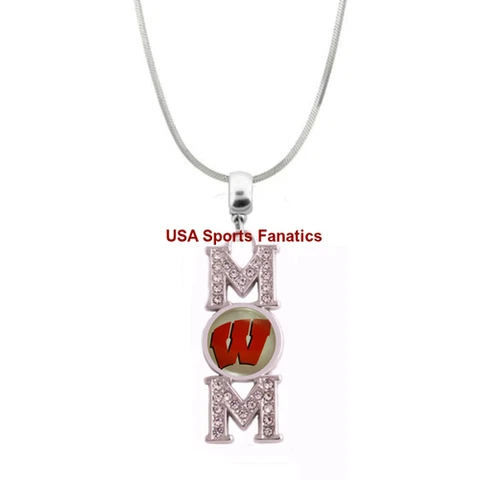 Wisconsin Badgers MOM Necklace With Rhinestones On A 925 SS Snake Chain Cover