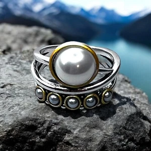 Elegant Silver & Gold Pearl Ring | Multi-Layered Statement Jewelry | Unique Gift - Picture 1 of 2