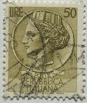 italy stamp 50 lire issued in 1956 used rare series siracusana  vf ci976 - Image 1 of 4