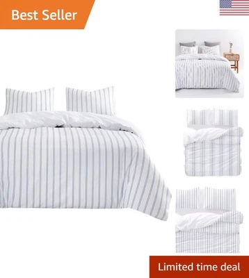 Elegante Conjunto de Edredom Listrado - Roupa de Cama de Microfibra Macia, Tamanho Twin, Branco Marinho - Imagem 1 de 4