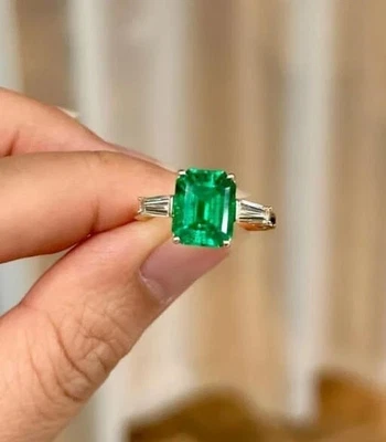 4 Ct Emerald Cut Natural Emerald Diamond 3 stone Engagement Ring 14k Yellow Gold - Image 1 of 4