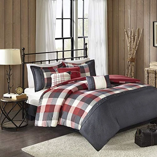 Madison Park Ridge Queen Size Ultra Soft Microfiber Comforter Plaid Red Bed Set