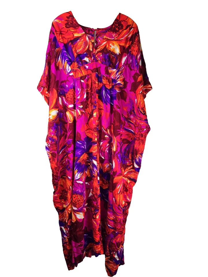 VINTAGE 60s 70s Psychedelic Floral Kaftan Muumuu Maxi Dress Hot Pink Orange... - Image 1 of 4
