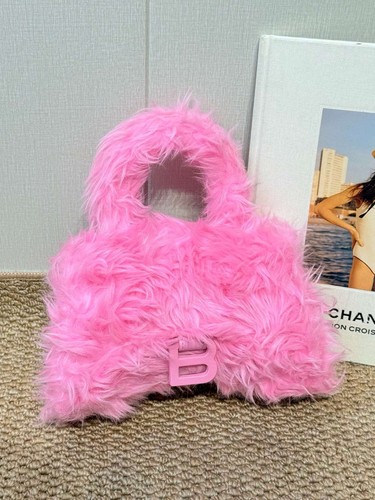 Authentic Balenciaga Hourglass Crossbody Bag Pink Fur Silver
