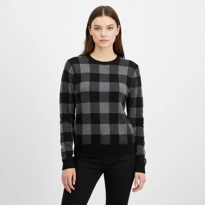 Теория шелк кашемир свитер женщин M черный серый буйвол клетку Crewneck уютный - Изображение 1 из 4