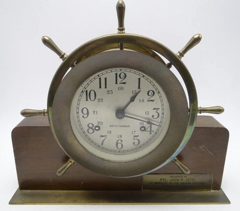 Seth Thomas Helmsman Brass Case Key Wind Ships Bell Clock E527-001 w Stand AS IS Cover