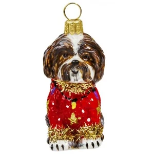 Brown and White Shih Tzu Ugly Christmas Sweater Polish Glass Christmas Ornament - Picture 1 of 2