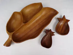 3Pc Serving Bowl Set Solid Wood Hand Crafted w/ Oversize 17" x 10" Leaf Bowl c22 - Imagen 1 de 6