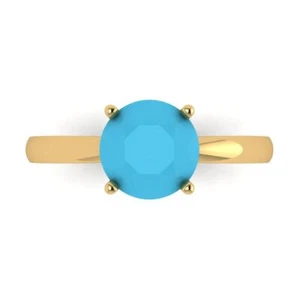 Anillo de compromiso solitario de 4 puntas turquesa simulada de 2 quilates, oro amarillo de 14 quilates - Imagen 1 de 11