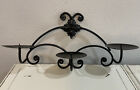 Vintage Black Cast Wrought Iron Triple Pillar Candle Holder Wall Mount Scrolled