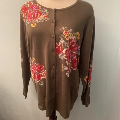 Quaker Factory Embellished LS Button Down Floral Cardigan Sweater EUC - Image 1 of 4