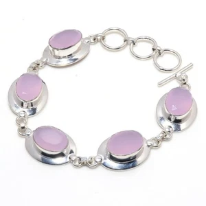 Pink Rose Quartz Gemstone Handmade 925 Sterling Silver Jewelry Bracelet Sz 7-8" - Picture 1 of 1