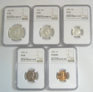 Blast White 1955 Proof Set - all 5 coins grade NGC PR68 - Picture 1 of 2