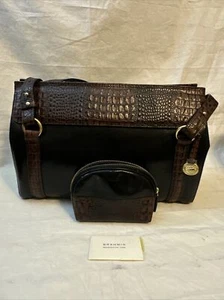 VINTAGE BRAHMIN BLACK LEATHER SATCHEL BAG CROC TRIM HANDBAG PURSE - Picture 1 of 9