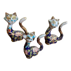 BLUE 3 PIECE PAMELITA CLOISONNE CAT FIGURINE SET - Picture 1 of 11