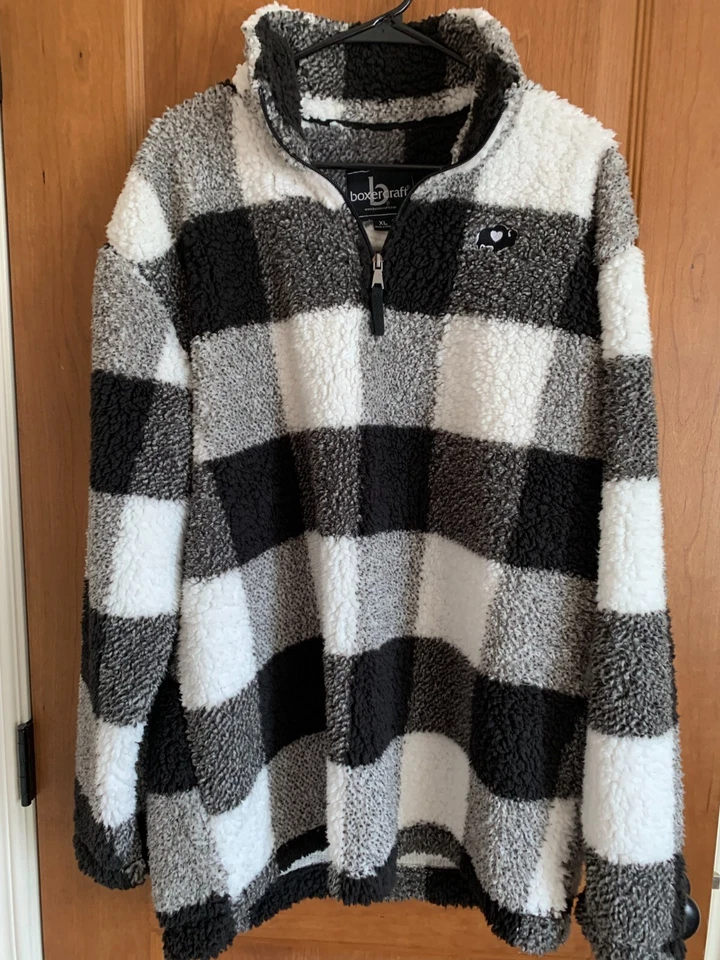 BOXERCRAFT ADULT QUARTER ZIP SHERPA PULLOVER BLACK/NATURAL PLAID SIZE 2XL