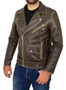 Mens Distressed Brown Rub Off Leather Biker Jacket Vintage Slim Fit X-Zip Fasten - Picture 1 of 10
