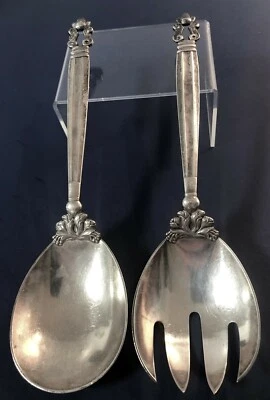 Original Large Georg Jensen 9” Acorn Sterling Silver Fork and Spoon Salad Set - Image 1 of 4