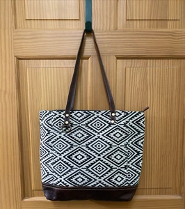 Myra Tote Large Canvas Bag - Geometric Pattern - Leather Straps/Accents - Picture 1 of 21