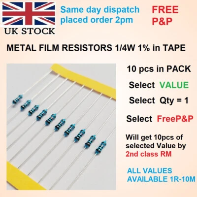 MF25 Series 1/4W Resistors for repair & DIY, 1% Assorted Values 0Ω–10MΩ, 10pcs - Image 1 of 4