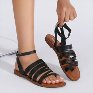 Women's Minimalist Leisure Roman Shoes Clip Toe Ankle Strap Summer Flat Sandals - Picture 1 of 13
