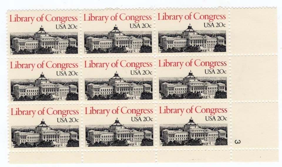 Scott #2004 Library of Congress Plate Block of 9 Stamps - MNH P#3 LR - Image 1 of 1