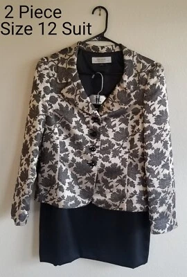 Tahari Arthur S Levine Skirt Suit 12 Floral Gold Black Pleated 4 Button 2 Piece  - Image 1 of 4