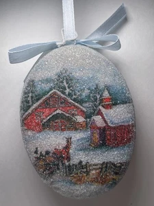 Vintage Christmas Farm Scene Hanging Ornament Sugar Coated Ball Blue Ribbon - Picture 1 of 4