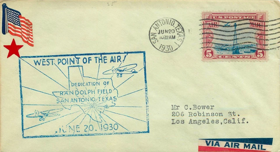 Air Mail  DEDICATION RANOLPH FIELD SAN ANTONIO- LOS ANGELES 1930 - Image 1 of 2
