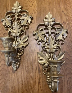 2-MCM Burwood Gold Hollywood Regency Double Candlestick Holders  14”Wall Hanging - Picture 1 of 12