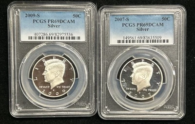 Two (2) 2007-S & 2009-S PCGS Certified PR69DCAM 90% Silver Halves (L536) - Image 1 of 3