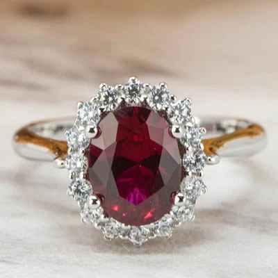 5.50Carat Oval Cut Natural Ruby Diamond Gemstone Halo Ring Solid 14K White Gold - Image 1 of 4
