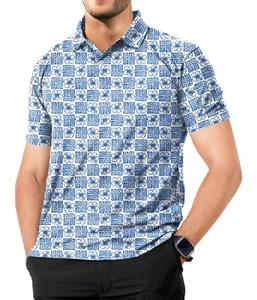 HAPPY BAY Men's Short Sleeve Polo Collar Button Down T-Shirt M Tropical, Blue - Picture 1 of 3