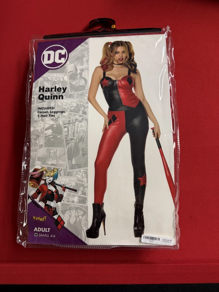 Spirit Halloween Harley Quinn Catsuit Adult Small 4-6 Black And Red 6 Piece Set - Image 1 of 1