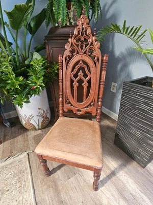 Antique American Gothic Revival Carved Walnut Child's Throne Chair - Image 1 of 4