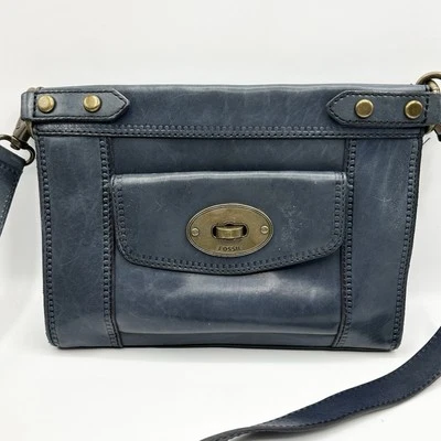 FOSSIL Maddox Vintage  Leather Medium Crossbody Bag Purse Denim Blue EUC - Image 1 of 4