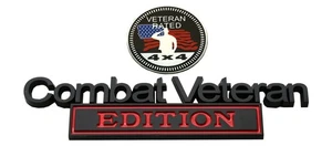 Set Combat Veteran Edition 4x4 Rated Metal Automotive Emblem Decal Black Red - Picture 1 of 5