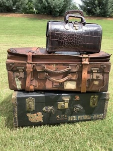 3 Piece Vintage Luggage Trunk Bag Antique Leather Footlocker - Picture 1 of 12