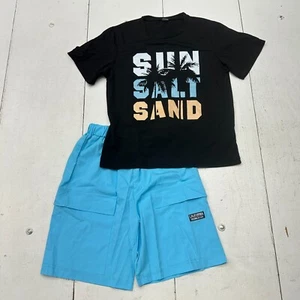 Black Blue "Sun Salt Sand" Graphic Short Sleeve T-Shirt Shorts Set Boys Size 12Y - Picture 1 of 10