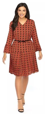 ¡Nuevo! VESTIDO MANGA CAMPANA THE LIMITED Talla 16 Geométrico Marrón/Negro Cinturón Plisado Foto 1 de 4