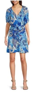 Alex Marie Womens Floral Print V-Neck Short Dress With Belt Blue & White XL - Picture 1 of 10