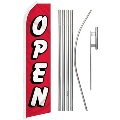 Open (Red & White) Swooper Flutter Feather Advertising Flag & Pole Kit - Image 1 of 4