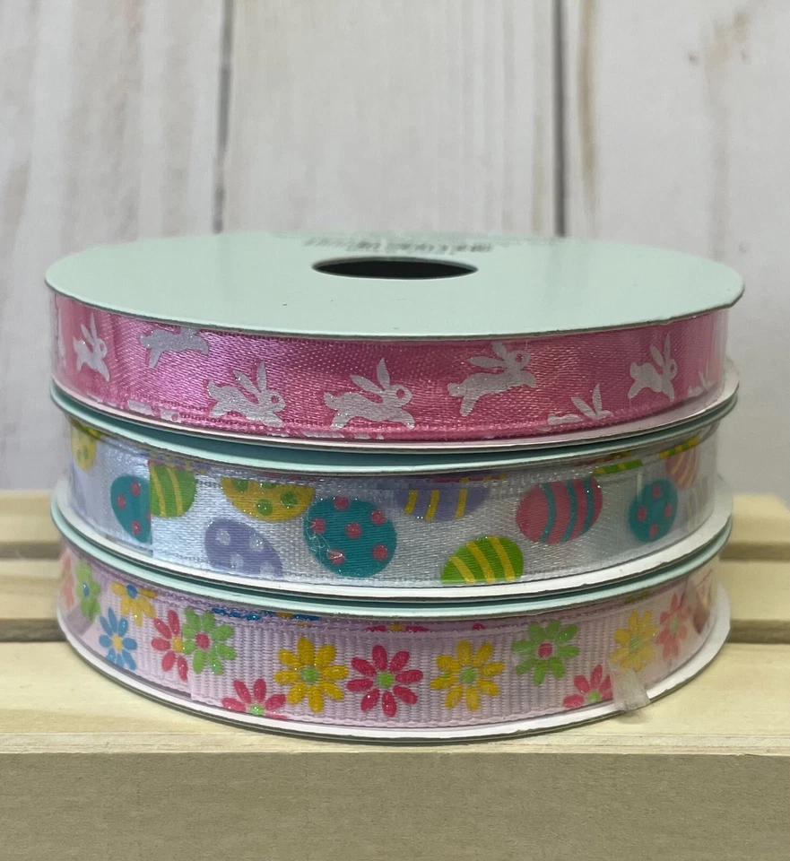 Easter Spring Ribbon Glitter Holiday 9 Feet Long x 3/8" Wide Assorted Print NEW - Image 1 of 1