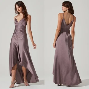 NEW ASTR The Label DUSTY MAUVE Amalia RUCHED Satin RUFFLE Cocktail MAXI DRESS S - Picture 1 of 12