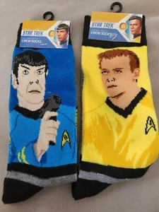 Star Trek MENS 10-13 Crew Socks SPOCK/ CAPTAIN KIRK 2 pair Brand new w Tags - Picture 1 of 2