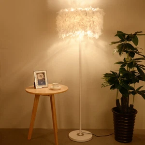 Romantic Feather Drum Shade Standing Lamp Single Bulb Floor Light Bedroom Light - Picture 1 of 8