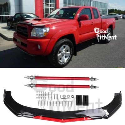 For Toyota Tacoma 2005-2015 Glossy Black Front Bumper Red Lip + Strut Rods Bar - Imagem 1 de 4