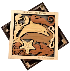 Sea Creatures wood brain teaser puzzle - unique design made USA - hardwood SeaC - Picture 1 of 4